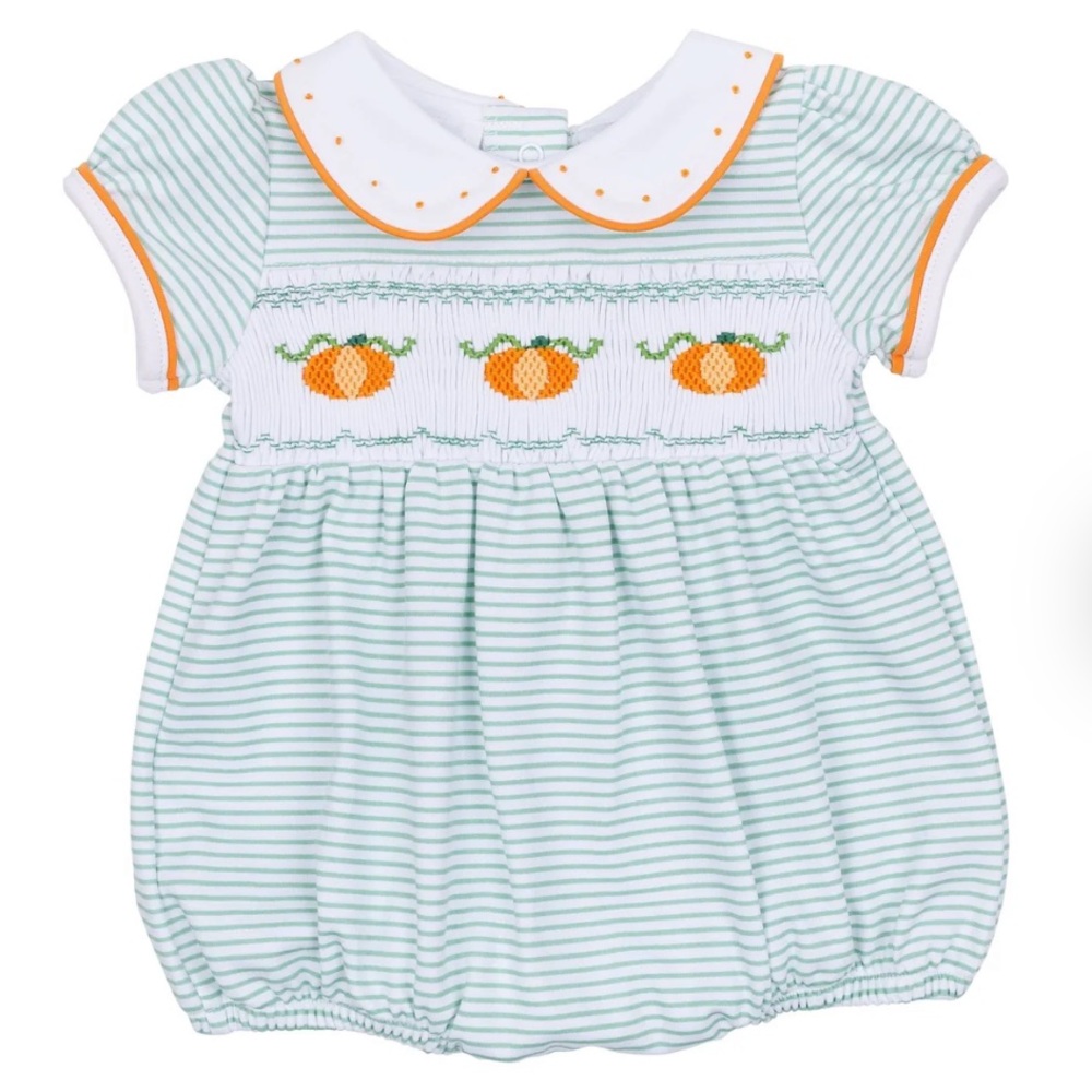 Magnolia Baby Striped Baby Bubble with Pumpkin Embroidery